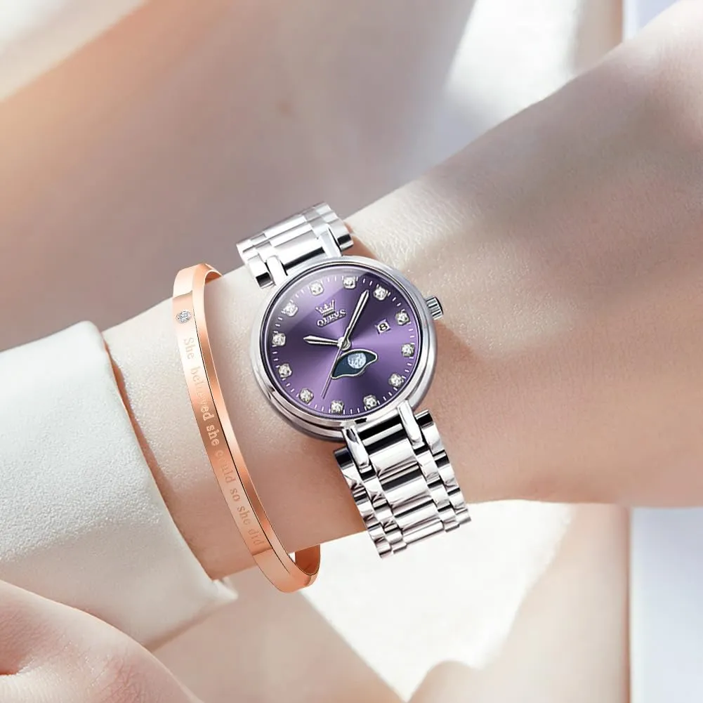 OLEVS Women Watch Set Silver Fashions Classic Dial Stainless Steel Waterproof Lady Watch Gift Birthday Present