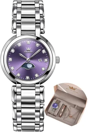 OLEVS Women Watch Set Silver Fashions Classic Dial Stainless Steel Waterproof Lady Watch Gift Birthday Present