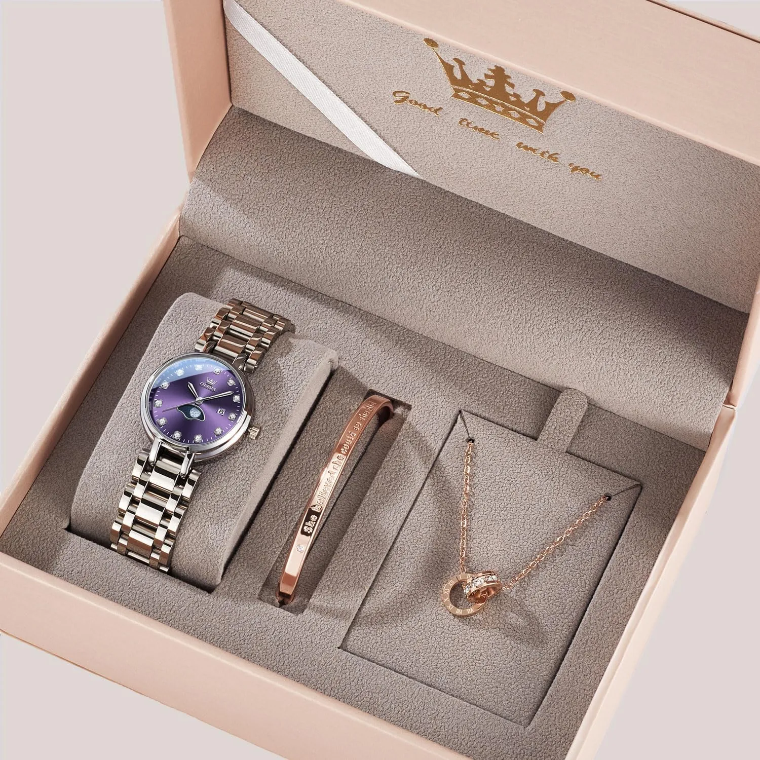 OLEVS Women Watch Set Silver Fashions Classic Dial Stainless Steel Waterproof Lady Watch Gift Birthday Present