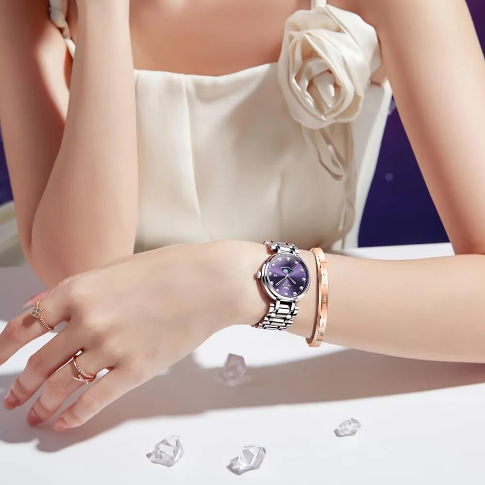OLEVS Women Watch Set Silver Fashions Classic Dial Stainless Steel Waterproof Lady Watch Gift Birthday Present