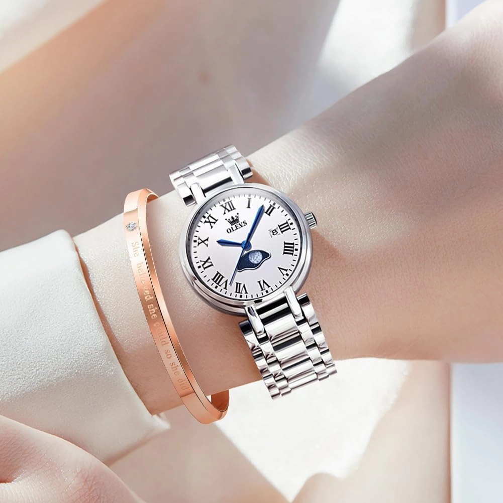 OLEVS Women Watch Set Silver Fashions Classic Dial Stainless Steel Waterproof Lady Watch Gift Birthday Present