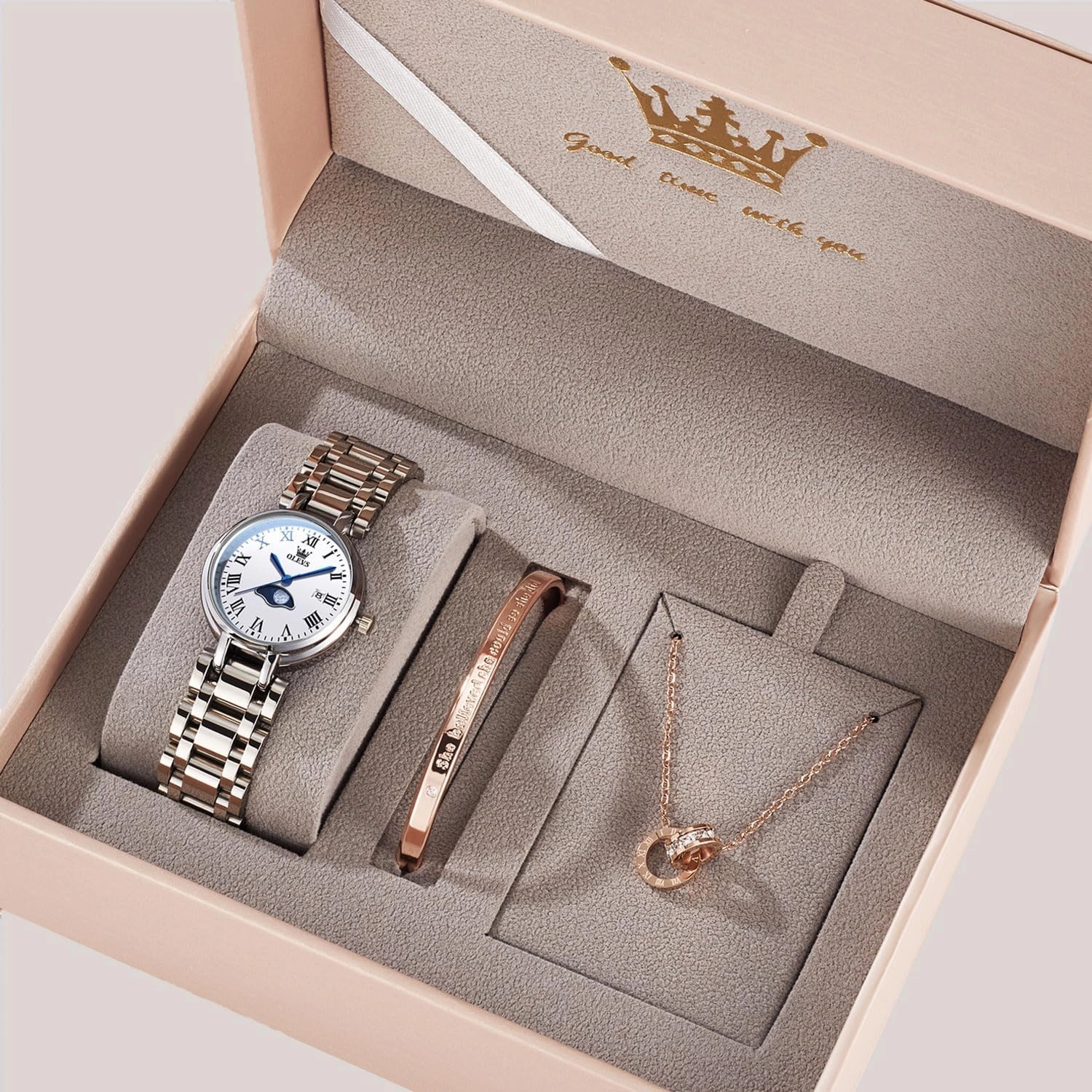 OLEVS Women Watch Set Silver Fashions Classic Dial Stainless Steel Waterproof Lady Watch Gift Birthday Present