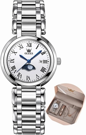 OLEVS Women Watch Set Silver Fashions Classic Dial Stainless Steel Waterproof Lady Watch Gift Birthday Present