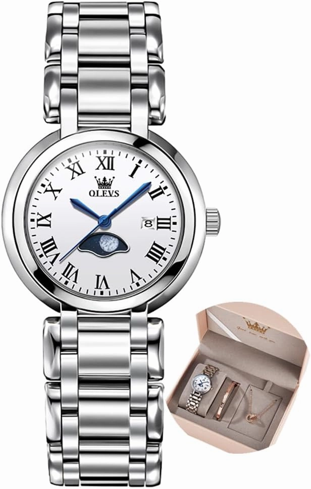 OLEVS Women Watch Set Silver Fashions Classic Dial Stainless Steel Waterproof Lady Watch Gift Birthday Present