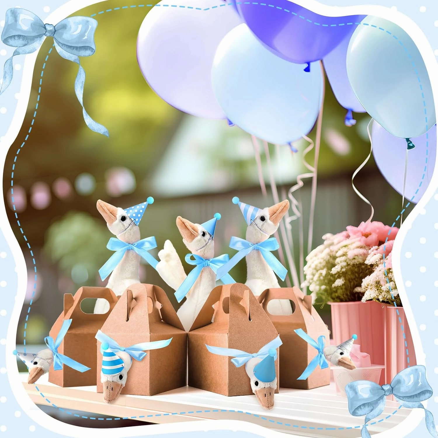 One Silly Goose Party Favors Stuffed Animal Plush Toy and Mini Birthday Party Hats with Ribbon Bow