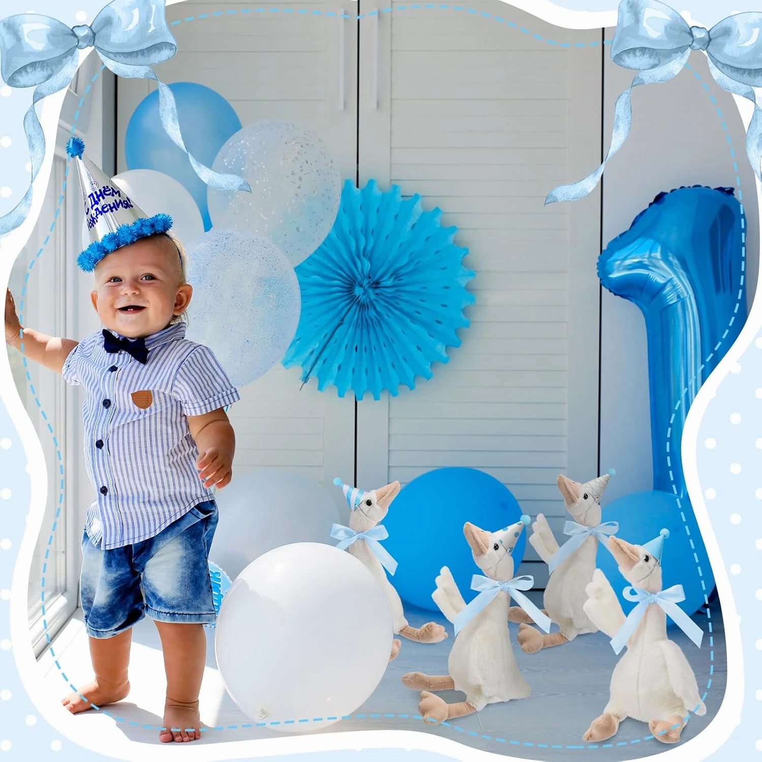 One Silly Goose Party Favors Stuffed Animal Plush Toy and Mini Birthday Party Hats with Ribbon Bow