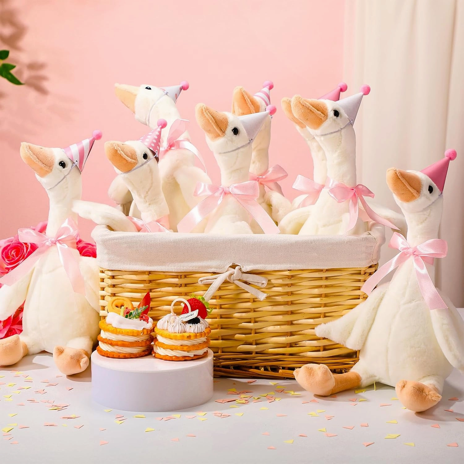 One Silly Goose Party Favors Stuffed Animal Plush Toy and Mini Birthday Party Hats with Ribbon Bow
