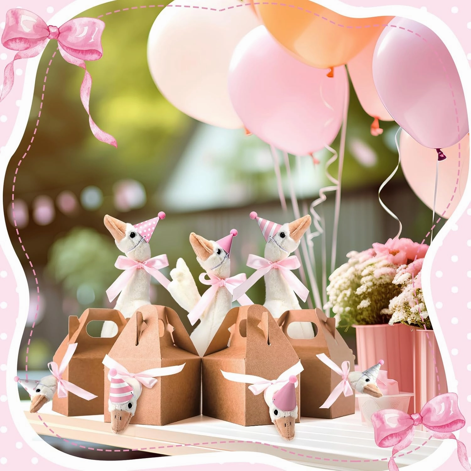 One Silly Goose Party Favors Stuffed Animal Plush Toy and Mini Birthday Party Hats with Ribbon Bow