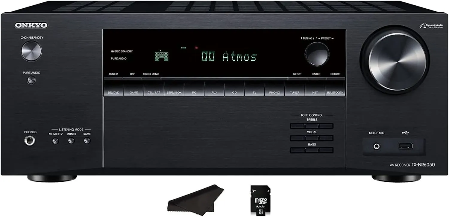 Onkyo TX-NR6050   7.2 Channel Network Home Theater | Smart AV Receiver | 8K/60, 4K/120Hz | 90W | HDR | VRR | DTS | Dolby Atmos | ALLM | QFT | Includes Kwalicable Micro SD Card & Cleaning Cloth