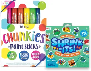 Ooly Shrink-Its! 28 PC DIY Shrinking Art Kit That Creates Charms and Tags & Chunkies Quick Drying Tempera Paint Sticks for Kids Set of 12