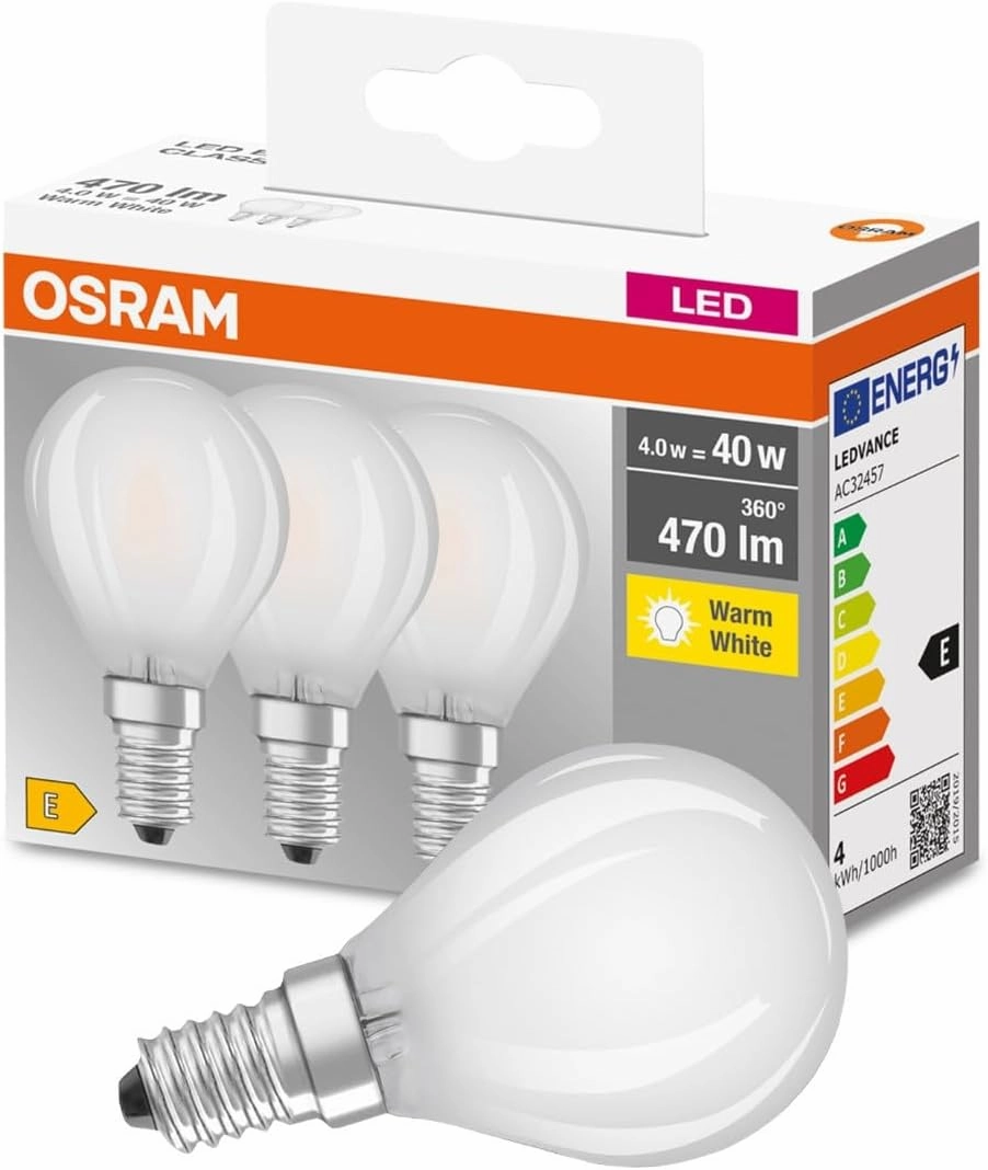 Osram Drop Shape Base Classic P Led Non-Dimmable Lamp, Glass, Warm White, E14, 4 W, Set Of 3