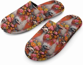 Ostriches and Flowers Women's Cotton Slippers Comfortable Warm Memory Foam Anti-Skid Sole House Shoes Home Slippers with Funny Novelty Print Design Indoor Outdoor