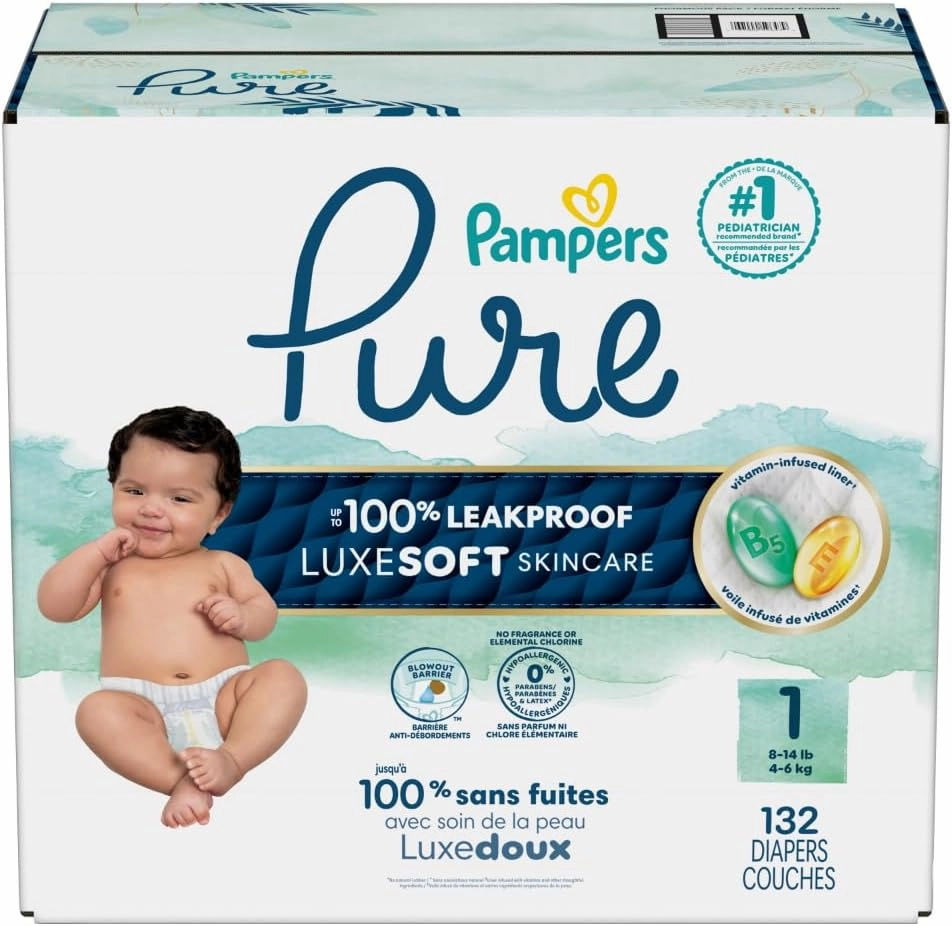 Pampers Baby Diapers - Pure Protection - Size 1, 132 Count, for up to 100% Leakproof, Premium Plant-based Skin Protection