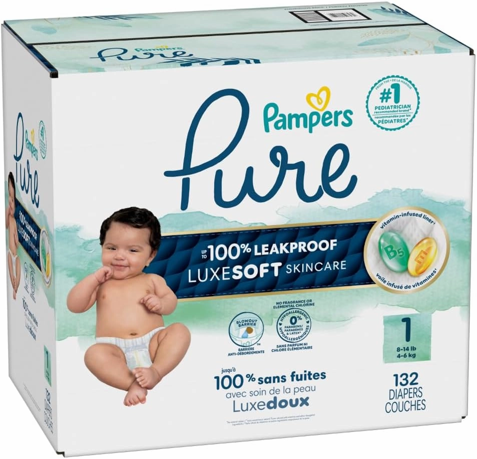 Pampers Baby Diapers - Pure Protection - Size 1, 132 Count, for up to 100% Leakproof, Premium Plant-based Skin Protection