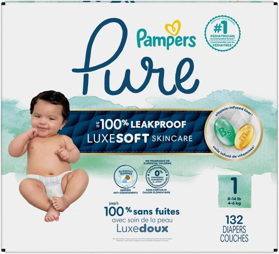 Pampers Baby Diapers - Pure Protection - Size 1, 132 Count, for up to 100% Leakproof, Premium Plant-based Skin Protection