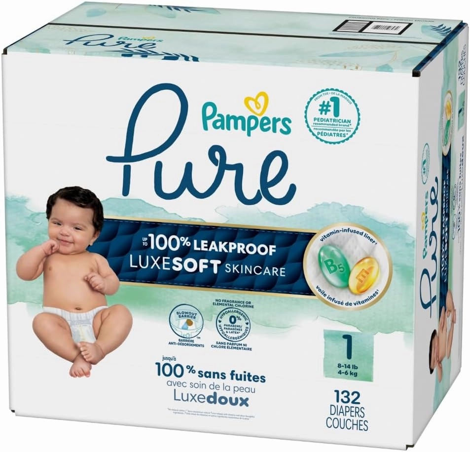 Pampers Baby Diapers - Pure Protection - Size 1, 132 Count, for up to 100% Leakproof, Premium Plant-based Skin Protection