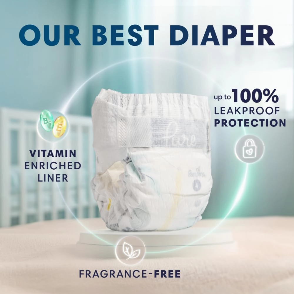 Pampers Baby Diapers - Pure Protection - Size 1, 132 Count, for up to 100% Leakproof, Premium Plant-based Skin Protection