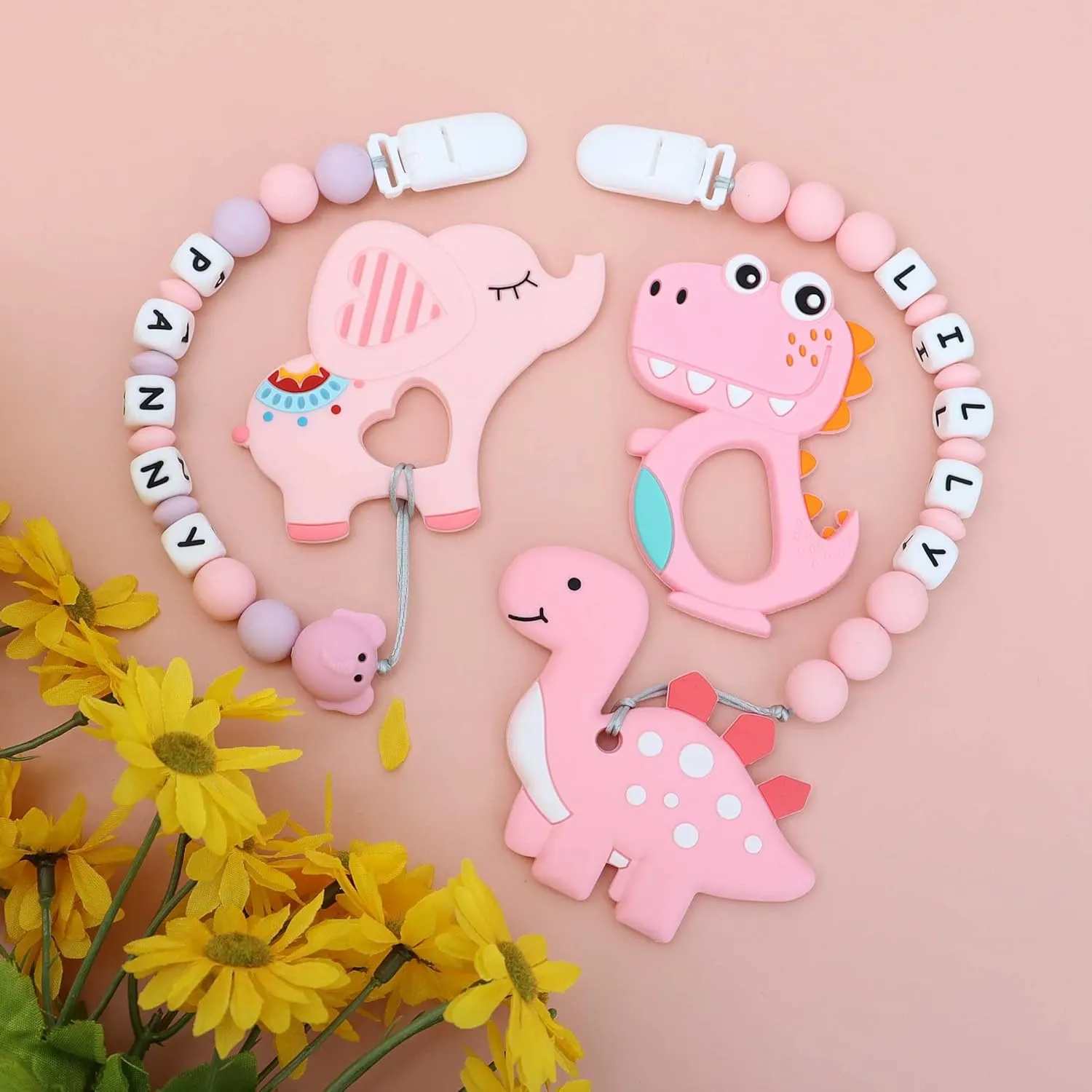 Panny & Mody Personalized Car Seat and Stroller Toys with Name, Customized Stroller Toy Clip with Name - Cute Elephant(Pink)