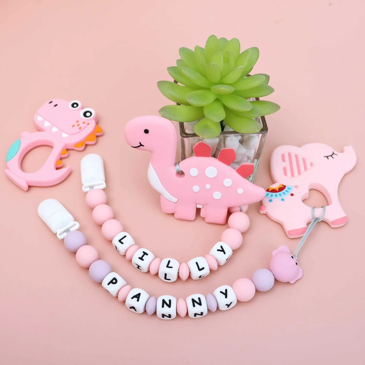 Panny & Mody Personalized Car Seat and Stroller Toys with Name, Customized Stroller Toy Clip with Name - Cute Elephant(Pink)