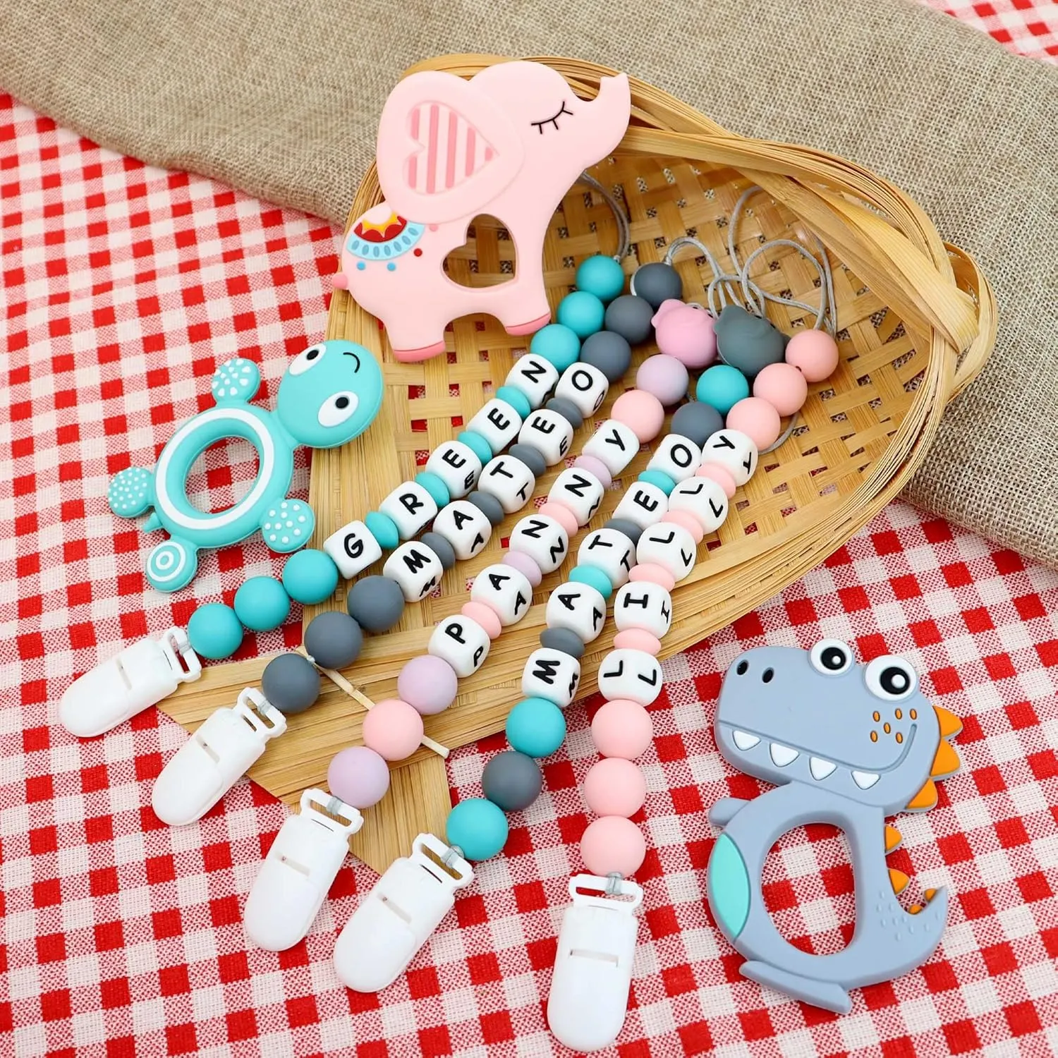 Panny & Mody Personalized Car Seat and Stroller Toys with Name, Customized Stroller Toy Clip with Name - Cute Elephant(Pink)
