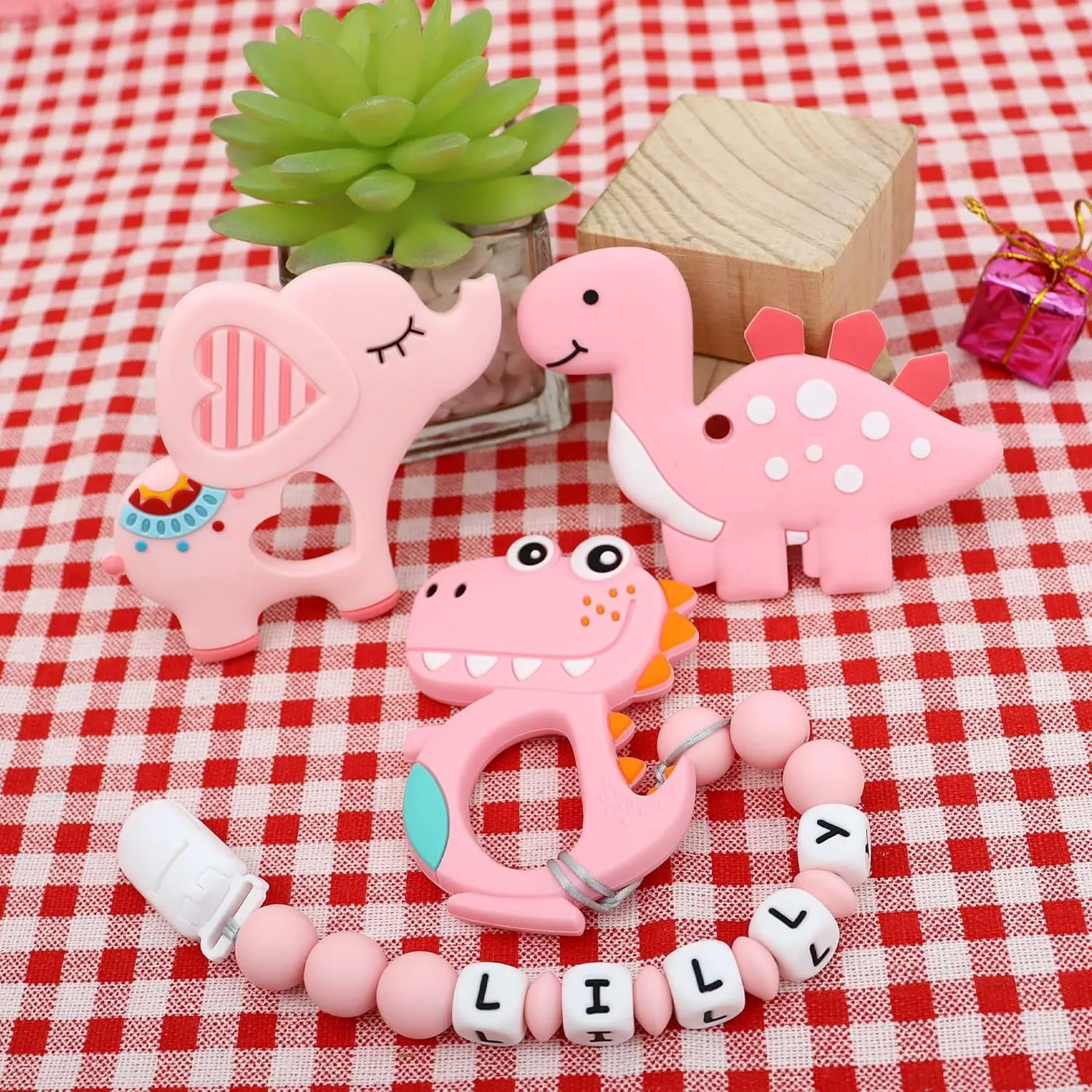 Panny & Mody Personalized Car Seat and Stroller Toys with Name, Customized Stroller Toy Clip with Name - Cute Elephant(Pink)