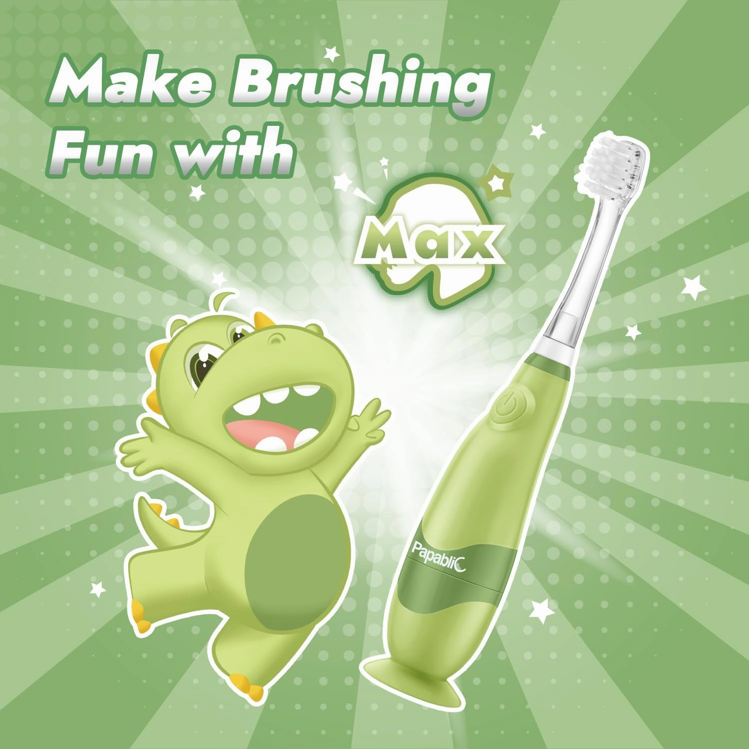 Papablic Toddler Sonic Electric Toothbrush Kids for Ages 1-3 Years, Baby Electric Toothbrush with Cute Dino Cover and Smart LED Timer, 2 Brush Heads (Max)