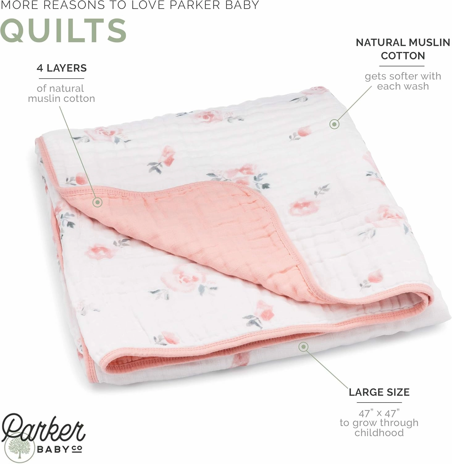 Parker Baby Muslin Blanket | 100% Soft Cotton Toddler Quilt & Baby Muslin Swaddle | Gender Neutral Design 47" x 47" Blanket