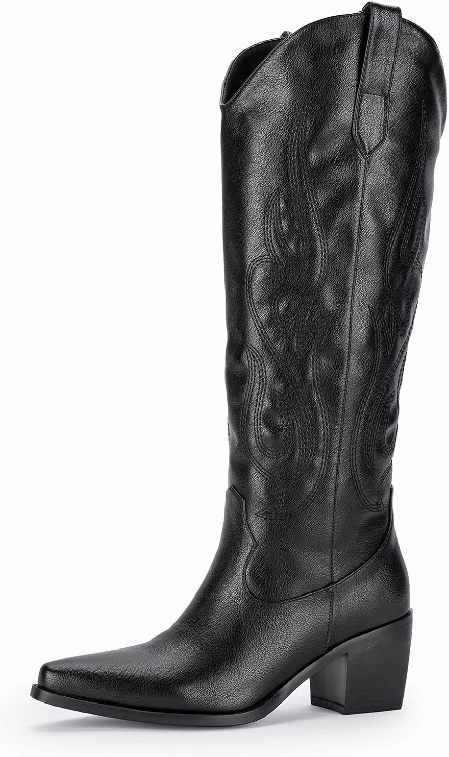 Pasuot Western Cowboy Boots for Women - Knee High Wide Calf Cowgirl Boots with Classic Embroidered, Slip On Pointed Toe Chunky Heel Fashion Retro Classic Pull On Tall Boot for Girls Ladies Fall Winter