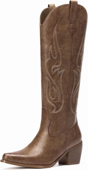 Pasuot Western Cowboy Boots for Women - Knee High Wide Calf Cowgirl Boots with Classic Embroidered, Slip On Pointed Toe Chunky Heel Fashion Retro Classic Pull On Tall Boot for Girls Ladies Fall Winter