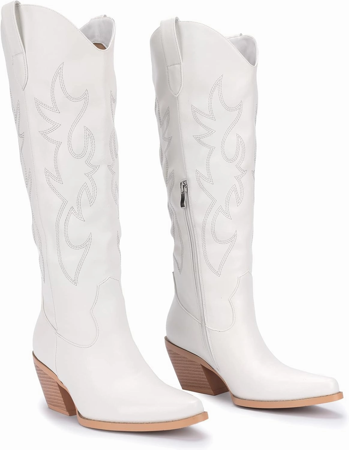 Pasuot Western Cowboy Boots for Women - Knee High Wide Calf Cowgirl Boots with Classic Embroidered, Slip On Pointed Toe Chunky Heel Fashion Retro Classic Pull On Tall Boot for Girls Ladies Fall Winter