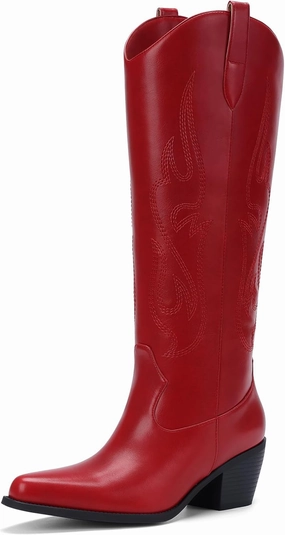 Pasuot Western Cowboy Boots for Women - Knee High Wide Calf Cowgirl Boots with Classic Embroidered, Slip On Pointed Toe Chunky Heel Fashion Retro Classic Pull On Tall Boot for Girls Ladies Fall Winter