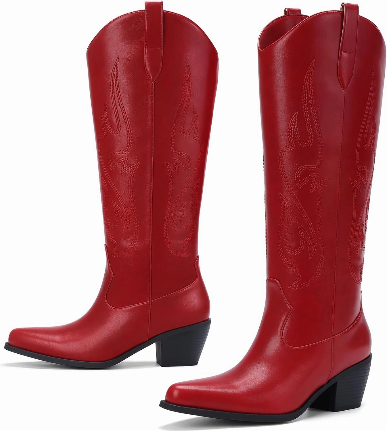 Pasuot Western Cowboy Boots for Women - Knee High Wide Calf Cowgirl Boots with Classic Embroidered, Slip On Pointed Toe Chunky Heel Fashion Retro Classic Pull On Tall Boot for Girls Ladies Fall Winter