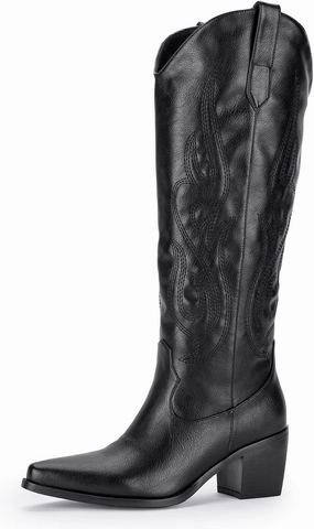 Pasuot Western Cowboy Boots for Women - Knee High Wide Calf Cowgirl Boots with Classic Embroidered, Slip On Pointed Toe Chunky Heel Fashion Retro Classic Pull On Tall Boot for Girls Ladies Fall Winter