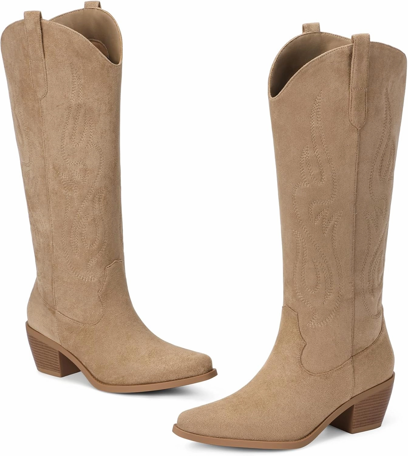 Pasuot Western Cowboy Boots for Women - Knee High Wide Calf Cowgirl Boots with Classic Embroidered, Slip On Pointed Toe Chunky Heel Fashion Retro Classic Pull On Tall Boot for Girls Ladies Fall Winter