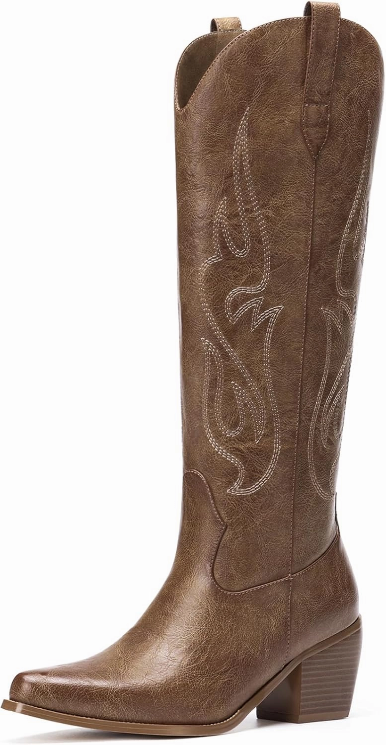 Pasuot Western Cowboy Boots for Women - Knee High Wide Calf Cowgirl Boots with Classic Embroidered, Slip On Pointed Toe Chunky Heel Fashion Retro Classic Pull On Tall Boot for Girls Ladies Fall Winter