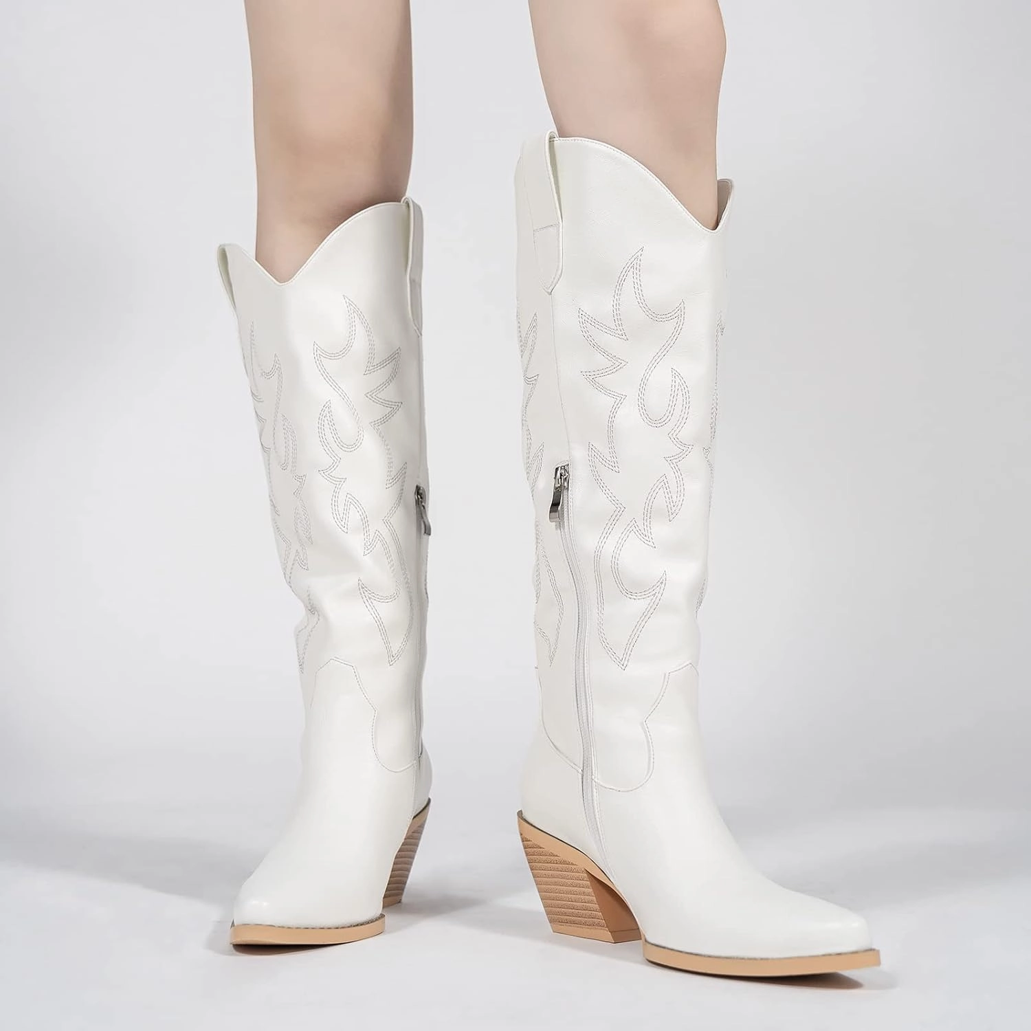 Pasuot Western Cowboy Boots for Women - Knee High Wide Calf Cowgirl Boots with Classic Embroidered, Slip On Pointed Toe Chunky Heel Fashion Retro Classic Pull On Tall Boot for Girls Ladies Fall Winter