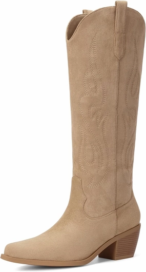 Pasuot Western Cowboy Boots for Women - Knee High Wide Calf Cowgirl Boots with Classic Embroidered, Slip On Pointed Toe Chunky Heel Fashion Retro Classic Pull On Tall Boot for Girls Ladies Fall Winter