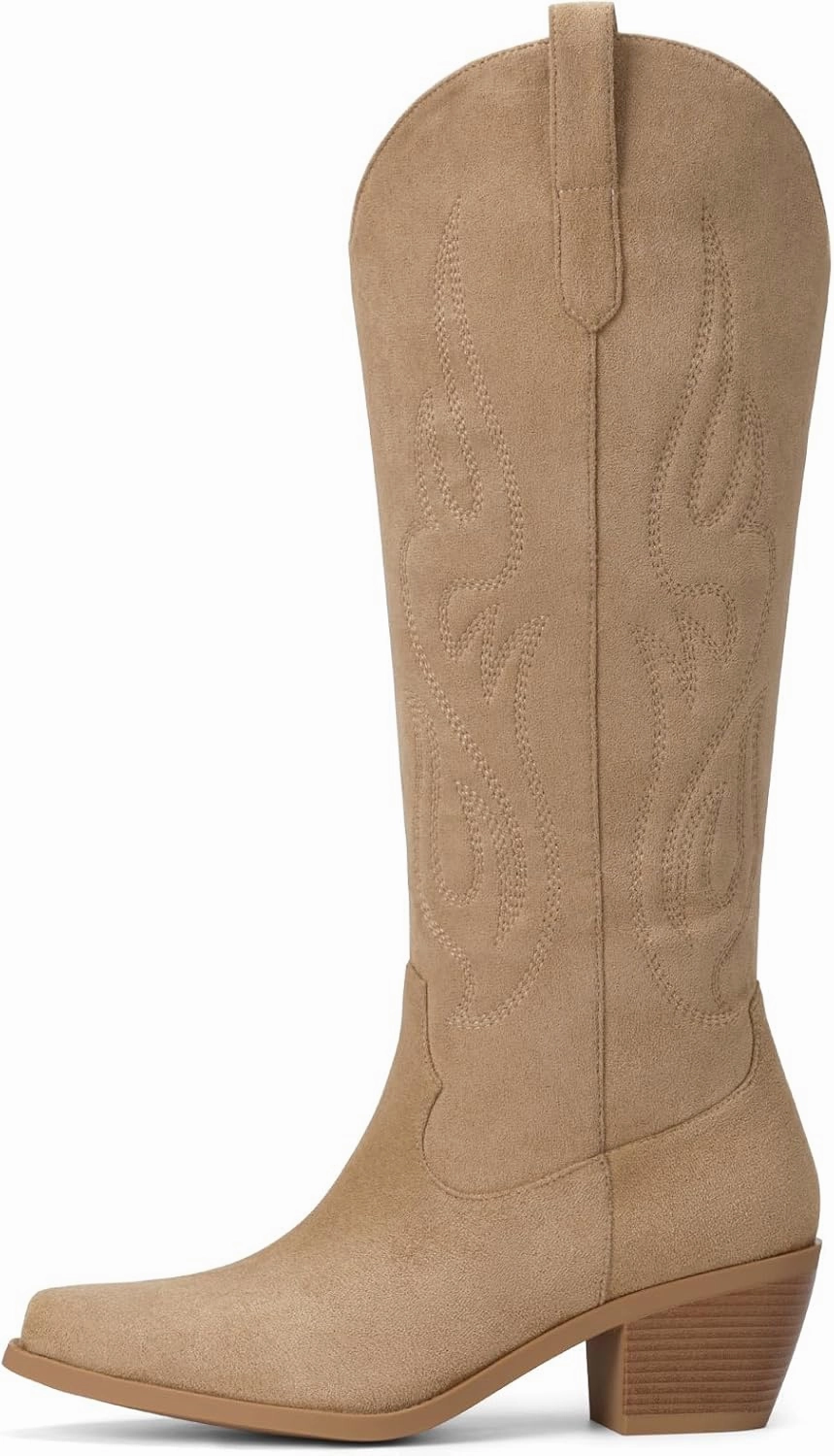 Pasuot Western Cowboy Boots for Women - Knee High Wide Calf Cowgirl Boots with Classic Embroidered, Slip On Pointed Toe Chunky Heel Fashion Retro Classic Pull On Tall Boot for Girls Ladies Fall Winter