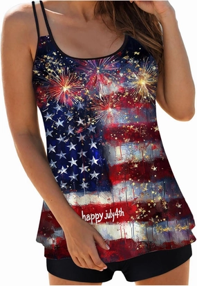 Patriotic Swimsuits for Women 4th of July Bathing Suit Red White and Blue 2 Piece Swimsuit Halter Star Striped Tankini Set