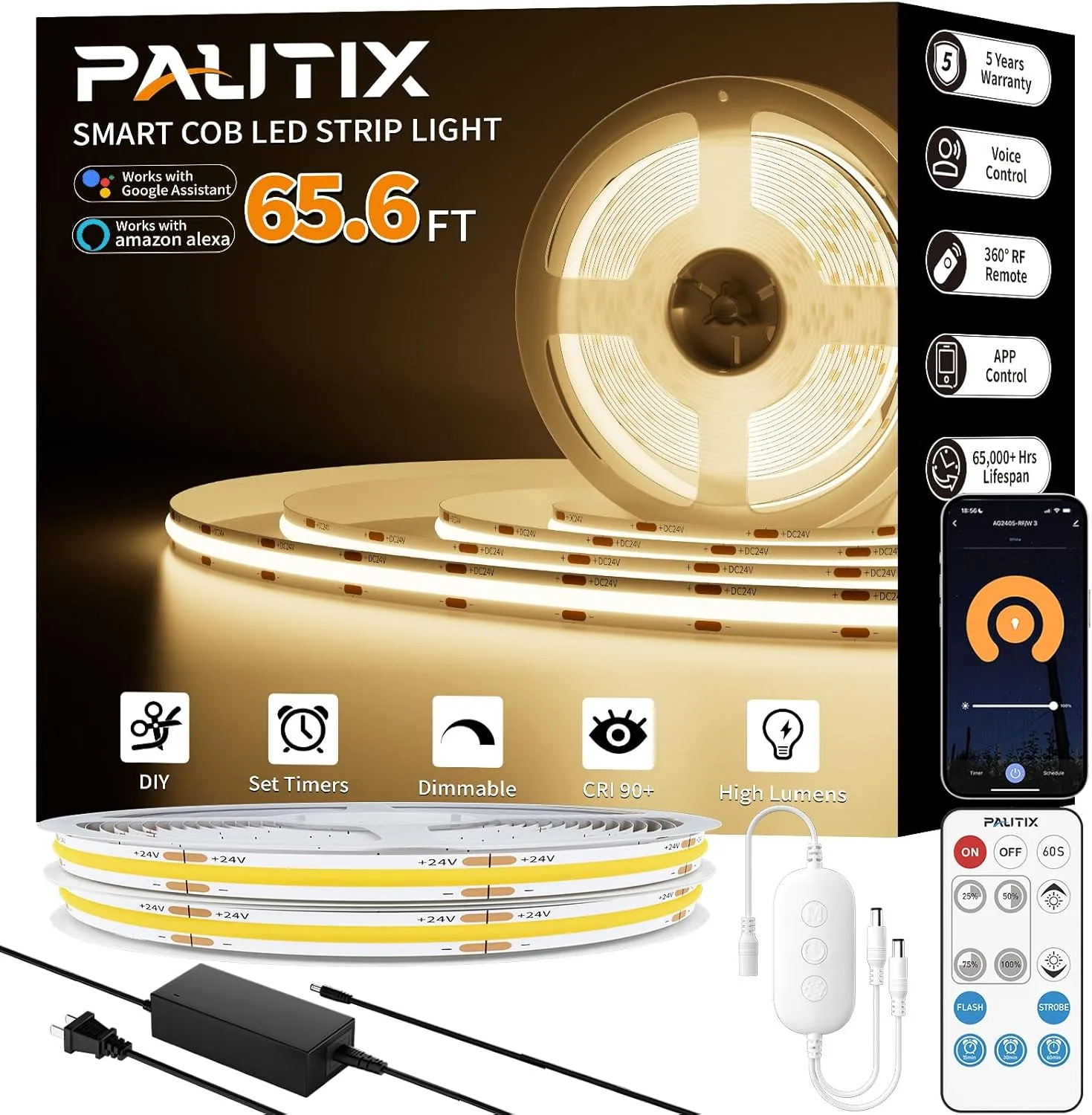 PAUTIX COB LED Strip Light 65.6ft/20m,Work with Alexa/Google Assistant,9600 LEDs Warm White 3000K,CRI93  Super Bright High Lumen,Dimmable 24V Flexible LED Light Strip,for Bedroom,Ceiling,Office,DIY