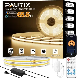 PAUTIX COB LED Strip Light 65.6ft/20m,Work with Alexa/Google Assistant,9600 LEDs Warm White 3000K,CRI93  Super Bright High Lumen,Dimmable 24V Flexible LED Light Strip,for Bedroom,Ceiling,Office,DIY