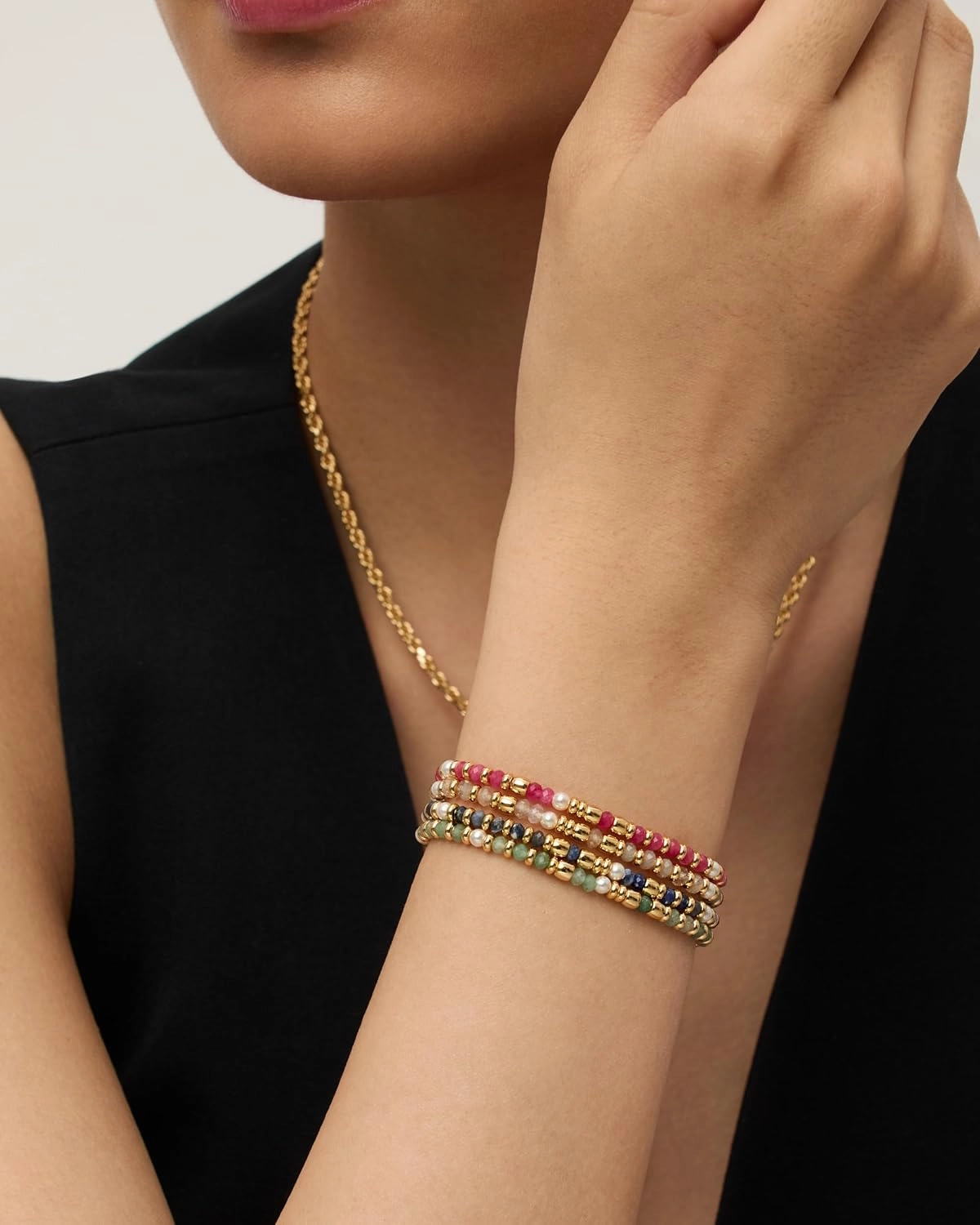PAVOI 14K Yellow Gold Plated Beaded Enamel and Gemstones Bracelets for Women | Colored Boho Festival Adjustable Slider Bracelet | Freshwater Pearls Rose Jade Amazonite Sodalite Labradorite Beads