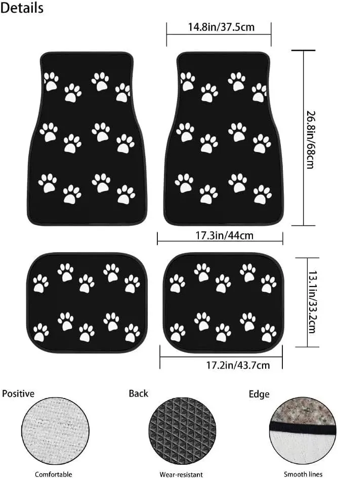 Paws Set of 4, Cute White Puppy Paws Print Animal Foot Prints Vehicle Front Rear Carpets Mats Decorative Floor Rugs Non-Slip Auto Accessories Universal Fit for Car SUV Van Truck