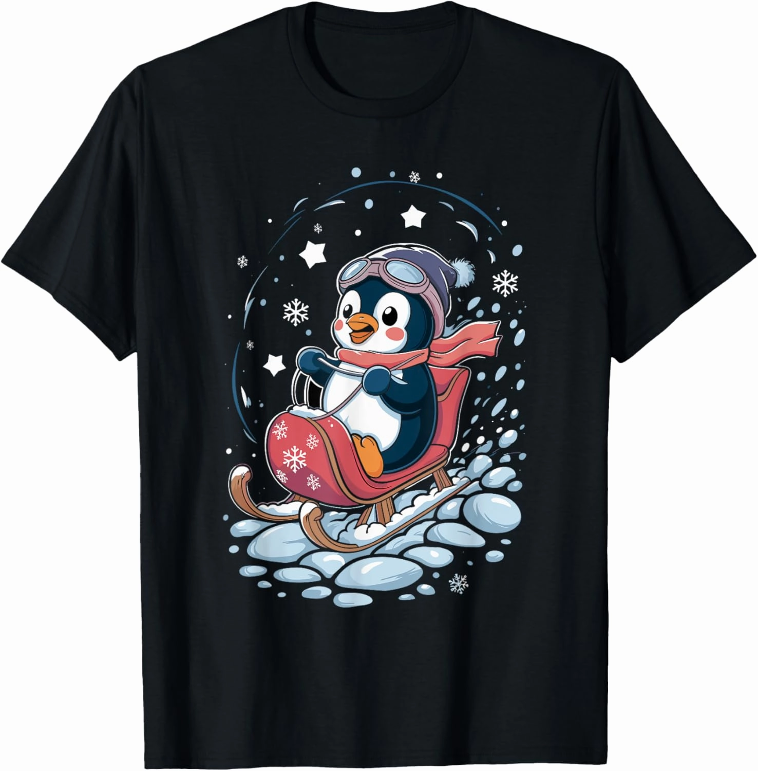 Penguin Snow Sledding Winter Cute Animal Sleigh Sled T-Shirt
