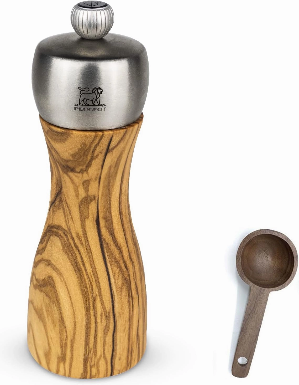 Peugeot Classic Fidji Pepper Mill Gift Set, Olive Wood, 15 cm - With Wooden Spice Scoop