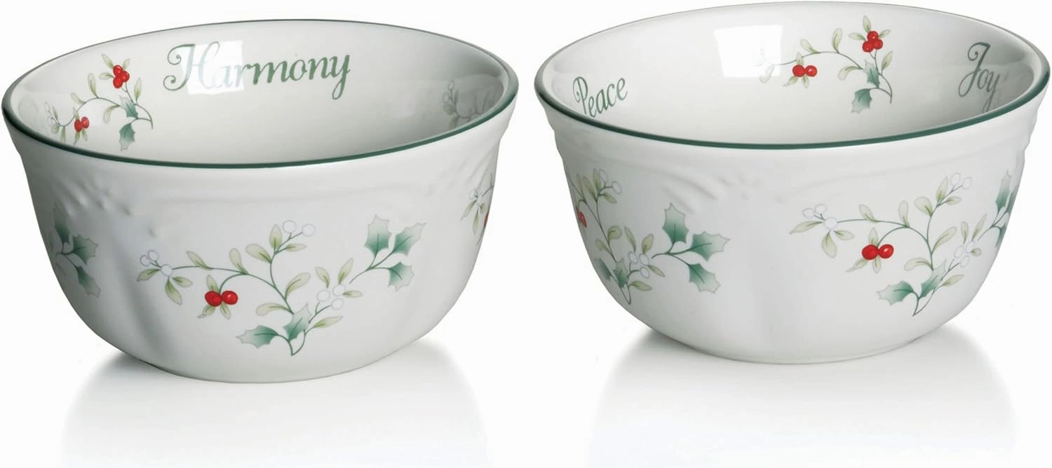 Pfaltzgraff Winterberry Round Sentiment Dessert Bowls, Set of 2, White