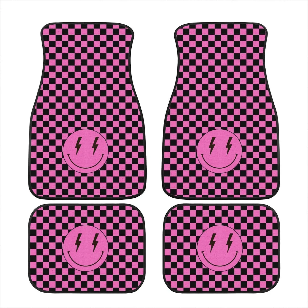 Pink Checkered Lighting Bolt Smiling Face Car Floor Mats