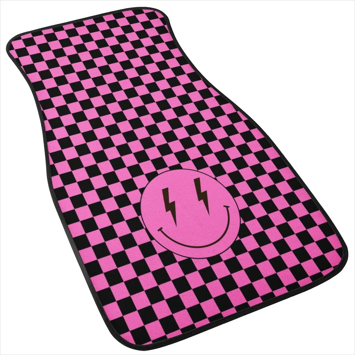 Pink Checkered Lighting Bolt Smiling Face Car Floor Mats