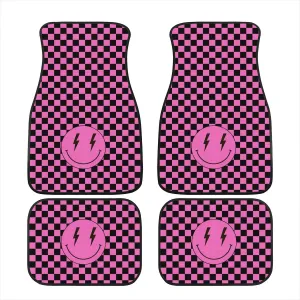 Pink Checkered Lighting Bolt Smiling Face Car Floor Mats