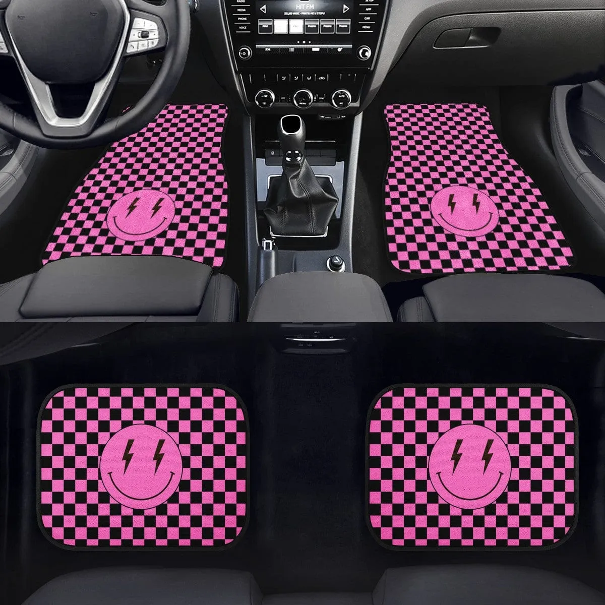 Pink Checkered Lighting Bolt Smiling Face Car Floor Mats